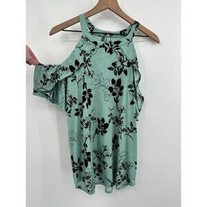 White Birch Cold Shoulder Tunic Women Medium Green Floral Ruffle Neckline